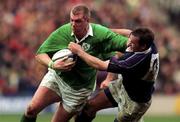 20 March 1999; Victor Costello of Ireland is tackled by Martin Leslie of Scotland during the Five Nations Rugby Championship match between Scotland and Ireland in Murrayfield Stadium in Edinburgh, Scotland. Photo by Matt Browne/Sportsfile