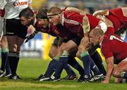 15 June 2005; British and Irish Lions forwards, l to r, Julian White, Shayne Byrne, Gethin Jenkins and Neil Back prepare to engage for a scrum against Wellington. British and Irish Lions Tour to New Zealand 2005, Wellington v British and Irish Lions, Westpac Stadium, Wellington, New Zealand. Picture credit; Richard Lane / SPORTSFILE