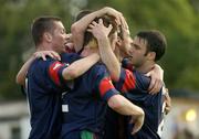 17 June 2005; Roy O'Donovan, Cork City, celebrates his goal against Bray Wanderers with team-mates Billy Woods, left, and Danny Murphy, right. eircom League, Premier Division, Bray Wanderers v Cork City, Carlisle Grounds, Bray, Co. Wicklow. Picture credit; Matt Browne / SPORTSFILE