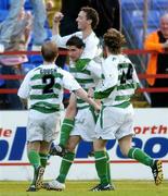 17 June 2005; Willo McDonagh, second from left, Shamrock Rovers, celebrates after scoring his sides second goal with team-mates left to right, Stephen Gough, Dave Mooney and Pat McCourt. eircom League, Premier Division, Shelbourne v Shamrock Rovers, Tolka Park, Dublin. Picture credit; David Maher / SPORTSFILE