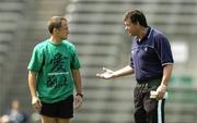 18 June 2005; Ireland out-half David Humphreys in conversation with head coach Niall O'Donovan during kicking practice at the match venue. Ireland kicking practice, Prince Chichibu Memorial Rugby Ground, Tokyo, Japan. Picture credit; Brendan Moran / SPORTSFILE