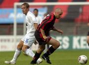 18 June 2005; Tony Grant, Bohemians, in action against Steve Cooreman, KAA Ghent. UEFA Intertoto Cup, Round 1 - 1st leg, Bohemians v KAA Ghent, Dalymount Park, Dublin. Picture credit; Brian Lawless / SPORTSFILE