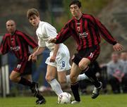 18 June 2005; Stephen Ward, Bohemians, in action against Nicolas Lombaerts, KAA Ghent. UEFA Intertoto Cup, Round 1 - 1st leg, Bohemians v KAA Ghent, Dalymount Park, Dublin. Picture credit; Brian Lawless / SPORTSFILE