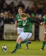 7 February 2014; Niamh Briggs, Ireland, kicks a penalty.  Women's Six Nations Rugby Championship, Ireland v Wales, Ashbourne RFC, Ashbourne, Co. Meath. Picture credit: Ramsey Cardy / SPORTSFILE