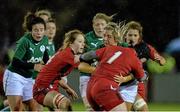 7 February 2014; Stacey Lea Kennedy, Ireland, is tackled by Jenny Hawkins, left, and Megan York, Wales. Women's Six Nations Rugby Championship, Ireland v Wales, Ashbourne RFC, Ashbourne, Co. Meath. Picture credit: Ramsey Cardy / SPORTSFILE