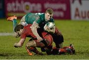 7 February 2014; Peter Robb, Ireland, is tackled by Steffan Hughes, Wales. U20 Six Nations Rugby Championship, Ireland v Wales, Dubarry Park, Athlone, Co. Westmeath. Picture credit: David Maher / SPORTSFILE