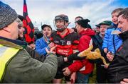 8 February 2014. Gary Doyle, Mount Leinster Rangers celebrates with supporters after the game. AIB GAA Hurling All-Ireland Senior Club Championship Semi-Final, Mount Leinster Rangers, Carlow v Loughgiel Shamrocks, Antrim. Páirc Elser, Newry, Co. Down. Picture credit: Oliver McVeigh / SPORTSFILE