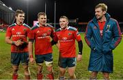 8 February 2014; Munster players, from left, Gerhard van den Heever, CJ Stander, Andrew Conway and Dave Foley after victory over Cardiff Blues. Celtic League 2013/14, Round 13, Munster v Cardiff Blues, Thomond Park, Limerick. Picture credit: Diarmuid Greene / SPORTSFILE
