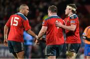 8 February 2014; Dave Kilcoyne, Munster, is congratulated by team-mates Simon Zebo, left, and Barry O'Mahony, right, after they were awarded a penalty try by referee Giuseppe Vivarini. Celtic League 2013/14, Round 13, Munster v Cardiff Blues, Thomond Park, Limerick. Picture credit: Diarmuid Greene / SPORTSFILE