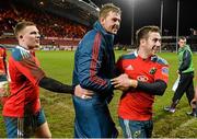8 February 2014; Munster's Andrew Conway, left, Dave Foley, centre, and JJ Hanrahan celebrate after victory over Cardiff Blues. Celtic League 2013/14, Round 13, Munster v Cardiff Blues, Thomond Park, Limerick. Picture credit: Diarmuid Greene / SPORTSFILE