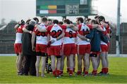 9 February 2014; The Derry team gather together in a huddle, along with manager Brian McIver, after victory over Kerry. Allianz Football League, Division 1, Round 2, Kerry v Derry, Fitzgerald Stadium, Killarney, Co. Kerry. Picture credit: Diarmuid Greene / SPORTSFILE