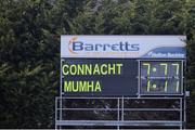 9 February 2014; A general view of the score board at the end of the game indicates Connacht 7-77 to Munster 1-11 while in fact the score ended Connacht 1-18 to Munster 0-16. Interprovincial Hurling Championship Semi-Final, Connacht v Munster, Duggan Park, Ballinasloe, Co. Galway. Picture credit: Ramsey Cardy / SPORTSFILE