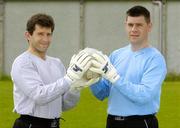 15 June 2005; Kildare goalkeeper Enda Murphy, left, and Laois goalkeeper Fergal Byron pictured at a photocall to launch Sells Goalkeeper Products Ireland. Whitehall Colmcille Grounds, Dublin. Picture credit; Matt Browne / SPORTSFILE
