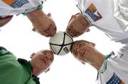 15 June 2005; Republic of Ireland Assistant Manager Noel O'Reilly with, clockwise from top left, Stephen Campbell, Barry Bloomer, and Derrek Smyth at the launch of the Anglo Irish Bank Republic of Ireland team for the Homeless World Cup which will be played in Edinburgh, Scotland, from the 20 to 27 July 2005. IFSC, Dublin. Picture credit; Pat Murphy / SPORTSFILE