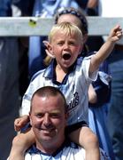 19 June 2005; Young Dublin fan Allan Donnelly, age 4, cheers on his side with his dad Darragh. Bank of Ireland Leinster Senior Football Championship Semi-Final, Dublin v Wexford, Croke Park, Dublin. Picture credit; Brian Lawless / SPORTSFILE