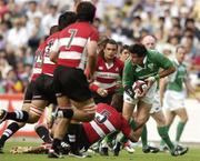 19 June 2005; Reggie Corrigan, Ireland, is tackled by Takanori Kumagae (5), Japan. Japan v Ireland 2nd test, Prince Chichibu Memorial Rugby Ground, Tokyo, Japan. Picture credit; Brendan Moran / SPORTSFILE