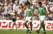 19 June 2005; Ireland scrum-half Kieran Campbell, left, and out-half Jeremy Staunton leave the field after defeating Japan. Japan v Ireland 2nd test, Prince Chichibu Memorial Rugby Ground, Tokyo, Japan. Picture credit; Brendan Moran / SPORTSFILE