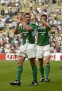 19 June 2005; Alan Quinlan and David Quinlan, Ireland, applaud the crowd after the game. Japan v Ireland 2nd test, Prince Chichibu Memorial Rugby Ground, Tokyo, Japan. Picture credit; Brendan Moran / SPORTSFILE