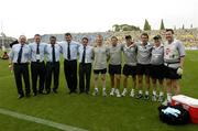 19 June 2005; The Ireland management team, from left, Joe Miles, team manager, Karl Richardson, media manager, Michael Bradley, Assistant coach, Niall O'Donovan, Head coach, Mark Tainton, kicking coach, Mark McCall, Assistant coach, Mike McGurn, Fitness Advisor, Brian Green, Athletic trainer, Cameron Steele, Physiotherapist, Willie Bennett, team masseur and Michael Webb, team doctor. Japan v Ireland 2nd test, Prince Chichibu Memorial Rugby Ground, Tokyo, Japan. Picture credit; Brendan Moran / SPORTSFILE