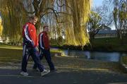 22 June 2005; British and Irish Lions second row Paul O'Connell, left, in conversation with winger Josh Lewsey as they make their way to a photocall to announce the squad for the 1st Test against New Zealand, to be played on Saturday next. Crowne Plaza Hotel, Christchurch, New Zealand. Picture credit; Brendan Moran / SPORTSFILE