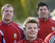 22 June 2005; British and Irish Lions captain Brian O'Driscoll in front of fellow Irishmen Paul O'Connell and Shane Horgan, right, at a photocall to announce the squad for the 1st Test against New Zealand, to be played on Saturday next. Crowne Plaza Hotel, Christchurch, New Zealand. Picture credit; Brendan Moran / SPORTSFILE