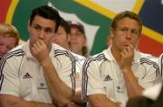22 June 2005; Out-halves Stephen Jones, left, and Jonny Wilkinson at a press conference after announcing the squad for the 1st Test against New Zealand, to be played on Saturday next. Crowne Plaza Hotel, Christchurch, New Zealand. Picture credit; Brendan Moran / SPORTSFILE