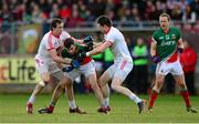 9 February 2014; Kevin McLoughlin, Mayo, in action against Colm Cavanagh and Conor Clarke, Tyrone. Allianz Football League, Division 1, Round 2, Tyrone v Mayo, Healy Park, Omagh, Co. Tyrone. Picture credit: Oliver McVeigh / SPORTSFILE