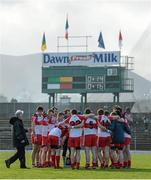 9 February 2014; Derry manager Brian McIver arrives to join his team's post-match huddle after victory over Kerry. Allianz Football League Division 1 Round 2, Kerry v Derry, Fitzgerald Stadium, Killarney, Co. Kerry. Picture credit: Diarmuid Greene / SPORTSFILE