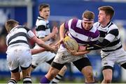9 February 2014; Nicholas Rinklin, Clongowes Wood College, is tackled by Mark White, left, and Conor Jennings, Belvedere College. Beauchamps Leinster Schools Senior Cup Quarter-Final, Clongowes Wood College v Belvedere College, Donnybrook Stadium, Donnybrook, Co. Dublin. Picture credit: Pat Murphy / SPORTSFILE