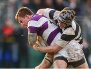 9 February 2014; Colm Mulcahy, Clongowes Wood College, is tackled by Cameron McCrum, Belvedere College. Beauchamps Leinster Schools Senior Cup Quarter-Final, Clongowes Wood College v Belvedere College, Donnybrook Stadium, Donnybrook, Co. Dublin. Picture credit: Pat Murphy / SPORTSFILE