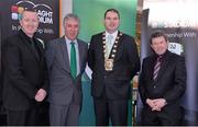 11 February 2014; The Football Association of Ireland today announced a new partnership with Tallaght Stadium for its Under 21 and Senior Women’s teams. Pictured at the announcement are, from left, Jack Martin, Centre manager The Square Shopping Centre, FAI CEO John Delaney, Dermot Looney, Mayor of South Dublin, and County Manager Danny McLoughlin. The Square Shopping Centre, Tallaght, Co. Dublin. Picture credit: Ramsey Cardy / SPORTSFILE