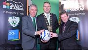 11 February 2014; The Football Association of Ireland today announced a new partnership with Tallaght Stadium for its Under 21 and Senior Women’s teams. Pictured at the announcement are, from left, FAI CEO John Delaney, Dermot Looney, Mayor of South Dublin, and County manager Danny McLoughlin. The Square Shopping Centre, Tallaght, Co. Dublin. Picture credit: Ramsey Cardy / SPORTSFILE