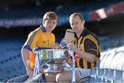 11 February 2014; In attendance at the launch of the 2014 Allianz Hurling Leagues are Clare's Padraic Collins, left, and Kilkenny's Tommy Walsh with the Allianz League Division 1A trophy. The opening weekend of the Allianz Hurling League will see the current Division 1A champions Kilkenny take on the All-Ireland title holders Clare in Cusack Park, Ennis, on Sunday. Croke Park, Dublin. Picture credit: Brendan Moran / SPORTSFILE