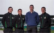 11 February 2014; Colin Hawkins, second from right, who was introduced as the new manager of the Shamrock Rovers First Division team with players, from left to right, Ryan Coombes, Chris Lyons and Daniel Purdy. Shamrock Rovers Media Briefing, Tallaght Stadium, Tallaght, Co. Dublin. Picture credit: Ramsey Cardy / SPORTSFILE