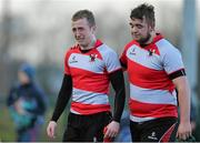 11 February 2014; Michael Boland, left, and Joe Hartnett, Glenstal Abbey, react after defeat to Castletroy College. SEAT Munster Schools Senior Cup, Quarter-Final, Castletroy College v Glenstal Abbey, University of Limerick, Limerick. Picture credit: Diarmuid Greene / SPORTSFILE