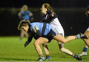 11 February 2014; Niamh Collins, University College Dublin, is fouled by Sarah Tierney, University Limerick. HE GAA O'Connor Cup 2014, University College Dublin v University Limerick, UCD, Belfield, Dublin. Picture credit: Barry Cregg / SPORTSFILE