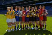 22 June 2005; The Foras na Gaeilge Senior Camogie Championship was launched in Croke Park. At the launch are Carla Doherty, Antrim, Niamh Cunningham, Antrim, Deirdre Hughes, Tipperary, Carol Murphy, Limerick, Elaine Burke, Cork, Ursula Jacobs, Wexford, Imelda Kennedy, Kilkenny, Gillian Dillon-Maher, Kilkenny, Mary Leacy, Wexford, Amanda O'Regan, Cork, and Ailbhe Kelly, Galway. Croke Park, Dublin. Picture credit; Ray McManus / SPORTSFILE
