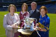 22 June 2005; The Foras na Gaeilge Senior Camogie Championship was launched in Croke Park today by Miriam O'Callaghan, left, Uachtaran Cumann Camogaiochta na nGael and Joe McDonagh, Chief Executive, Foras na Gaeilge. With them are Ailbhe Kelly, Galway and Deirdre Hughes, Tipperary, Croke Park, Dublin. Picture credit; Ray McManus / SPORTSFILE