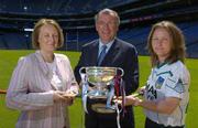 22 June 2005; The Foras na Gaeilge Senior Camogie Championship was launched in Croke Park. Pictured at the launch are Miriam O'Callaghan, left, Uachtaran Cumann Camogaiochta na nGael, Joe McDonagh, Chief Executive, Foras na Gaeilge and Carol Murphy, Limerick. Croke Park, Dublin. Picture credit; Ray McManus / SPORTSFILE