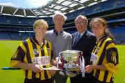 22 June 2005; The Foras na Gaeilge Senior Camogie Championship was launched in Croke Park today by Miriam O'Callaghan, Uachtaran Cumann Camogaiochta na nGael and Joe McDonagh, Chief Executive, Foras na Gaeilge. At the launch are Former Kilkenny hurler Pa Dillon, second from left, his daughter Gillian Dillon-Maher, left, Joe McDonagh and Imelda Kennedy, Kilkenny. Croke Park, Dublin. Picture credit; Ray McManus / SPORTSFILE