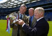 22 June 2005; The Foras na Gaeilge Senior Camogie Championship was launched in Croke Park today. At the launch are Tipperary manager Paddy McCormack, left, Cork manager John Cronin and Wexford manager Willie Carley, right. Croke Park, Dublin. Picture credit; Ray McManus / SPORTSFILE