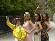 23 June 2005; Top Jockey Cathy Gannon with models, from left, Jenny Lee Masterson, Gail Kaneswaran and Roberta Rowat at a photocall ahead of the Budweiser Irish Derby which will take place at the Curragh Racecourse on Sunday, June 26th. Grafton Street, Dublin. Picture credit; Damien Eagers / SPORTSFILE