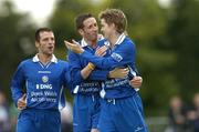 24 June 2005; Steve Yelverton, right, Waterford United, is congratulated by team-mates Colm Heffernan and Willie Bruton after his goal against Shelbourne. eircom League, Premier Division, Waterford United v Shelbourne, Waterford RSC, Waterford. Picture credit; Matt Browne / SPORTSFILE