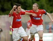 24 June 2005; Stuart Byrne, left, Shelbourne, is congratulated by team-mate Owen Heary after scoring Shelbourns second goal against Waterford United. eircom League, Premier Division, Waterford United v Shelbourne, Waterford RSC, Waterford. Picture credit; Matt Browne / SPORTSFILE