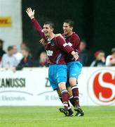 24 June 2005; Mark Leech, left, Drogheda United, celebrates after scoring his sides first goal with team-mate Gavin Whelan. eircom League, Premier Division, St Patrick's Athletic v Drogheda United, Richmond Park, Dublin. Picture credit; David Maher / SPORTSFILE