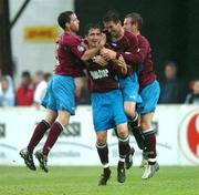 24 June 2005; Mark Leech, second from left, Drogheda United, celebrates after scoring his sides first goal with  team-mates left to right, Stephen Bradley, Gavin Whelan and Patrick Sullivan. eircom League, Premier Division, St Patrick's Athletic v Drogheda United, Richmond Park, Dublin. Picture credit; David Maher / SPORTSFILE