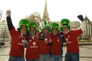 25 June 2005; Irish fans, from left, Eoin Kealy, Naoise Harnett, Rob Walls, Peter Hawkins and Ciaran Delaney, all from Dublin, in Cathedral Square, Christchurch, supporting the Lions. British and Irish Lions Tour to New Zealand 2005, 1st Test, New Zealand v British and Irish Lions, Jade Stadium, Christchurch, New Zealand. Picture credit; Brendan Moran / SPORTSFILE