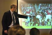 26 June 2005; British and Irish Lions head coach Sir Clive Woodward points to a video of the alleged &quot;spear tackle&quot; by New Zealand's Keven Mealamu and Tana Umaga on Lions captain Brian O'Driscoll, which resulted in him suffering a dislocated shoulder and being ruled out of the rest of the tour. British and Irish Lions Press Conference, James Cook Grand Chancellor Hotel, Wellington, New Zealand. Picture credit; Brendan Moran / SPORTSFILE