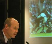 26 June 2005; British and Irish Lions head coach Sir Clive Woodward speaking after showing a video of the alleged &quot;spear tackle&quot; by New Zealand's Keven Mealamu and Tana Umaga on Lions captain Brian O'Driscoll, in mid-air with white shorts, which resulted in him suffering a dislocated shoulder and being ruled out of the rest of the tour. British and Irish Lions Press Conference, James Cook Grand Chancellor Hotel, Wellington, New Zealand. Picture credit; Brendan Moran / SPORTSFILE