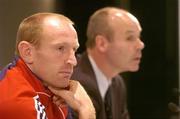 26 June 2005; New Lions captain Gareth Thomas and British and Irish Lions head coach Sir Clive Woodward listen to journalists questions. British and Irish Lions Press Conference, James Cook Grand Chancellor Hotel, Wellington, New Zealand. Picture credit; Brendan Moran / SPORTSFILE